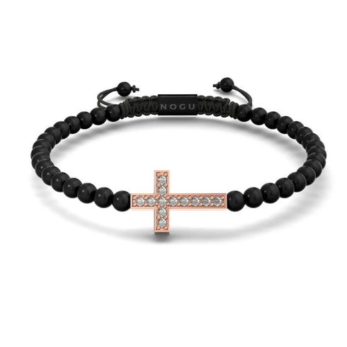 Croix de cristal | Or rose 18 carats et bronze à canon | Noir | Bracelet Charmballa en macramé